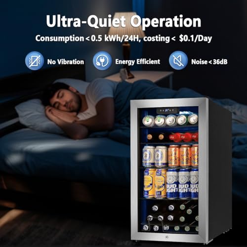 Image of Tylza Beverage Refrigerator Cooler, 130 Cans 3.22 Cu.Ft Small Refrigerator with Low-E Glass Door, Lock, 17-Inch Beer Fridge for Drinks, Beer and Wine, Mini Fridge for Bedroom, Office and Bar, Silver