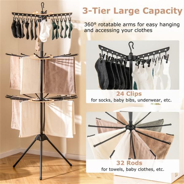 3-Tier Foldable Tripod Clothes Drying Rack, 24 Clips & 32 Rods, 70" Space Saving Laundry Dryer with Rotatable Arms