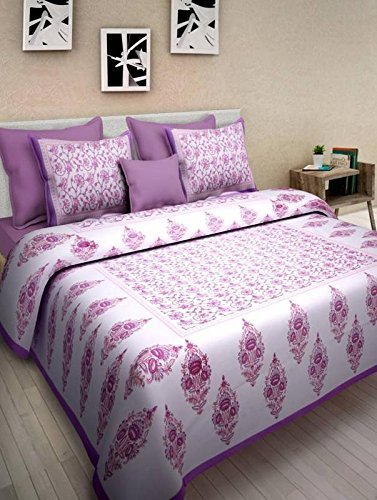 Vinci HUB Cotten Printed JAIPURY Style Queen Size Bad Sheet with Two PILLOCOVERS (Purple)