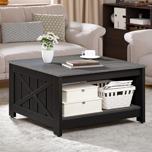 GOOBED Farmhouse Sqare Coffee Tables for Living Room with Storage, Grey Wash Coffee Table 2 Tier Spaciou Storage Shelf, Modern Center Table Small Coffee Tables, Grey and Black