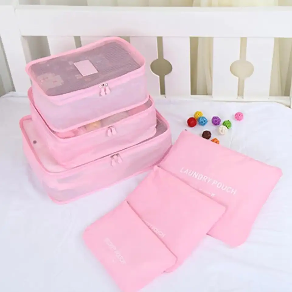 Kit Organizador de Mala de Viagem Prático 6 Peças Necessaires para Roupas, Maquiagens,cuecas calcinhas e meias (Rosa)