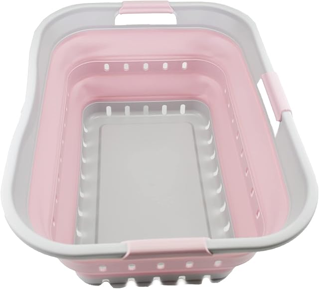 SAMMART 42L Collapsible Plastic Laundry Basket - Foldable Pop Up Storage Container/Organizer - Portable Washing Tub - Space Saving Hamper/Basket (1, Grey/Pale Pink)