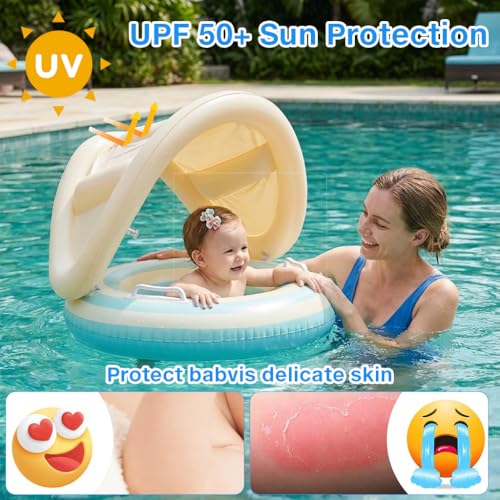 Image of Proberos Inflatable Baby Pool Float with Sun Canopy for Age 1-3, UPF 50+ Sun Protection Safe Toddler Swim Ring with Handles, Soft PVC Swim Tube, Infant Swimming Float Seat, 24-54cm