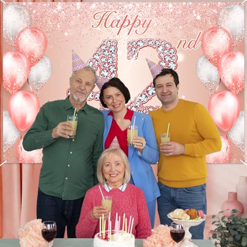 Image of Happy 42nd Birthday Rose Gold Banner Cheers to 42 Years Old Backdrop Confetti Balloons Theme Decor for Women 42 Years Old Pink Birthday Party Decorations Bday Supplies Background Favors Gift Glitter