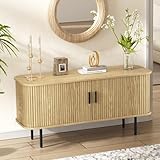 47''W Natural Storage Cabinet, Media Console, Tambour TV Stand; Sliding Door, Fluted Cabinet, Buffet Sideboard, Credenza, Table Stand for Living Room, Kitchen