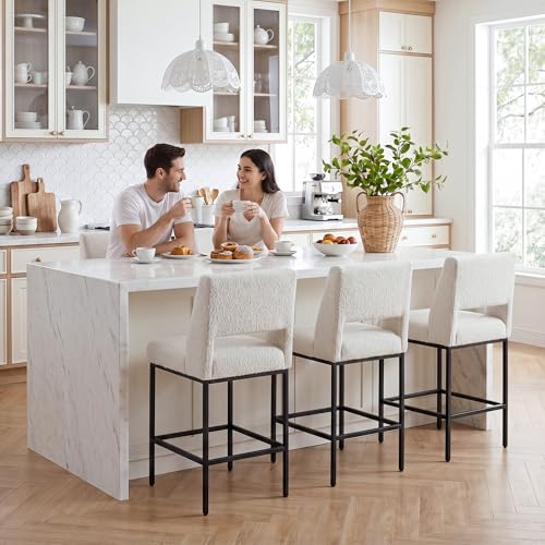 Image of Zesthouse Counter Height Stools Set of 4, Upholstered Boucle Fabric Barstools with Backs, 26 inch Modern Bar Chairs for Kitchen Island, Counter Height Chairs with Extra Thick Cushion & Metal Legs, White