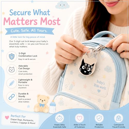 Image of GLUN Printed Cute Cat 3 Number Rechangeable Combination Pad Lock, Metal Body Paint Coated Number Lock for Luggage & Bags