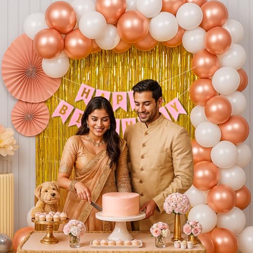 Image of Party Propz Happy Birthday Decoration Kit -52Pcs, Birthday Decoration Kit for Girls, Rose Gold Balloons, White Metallic Balloons, Happy Birthday Banner, Birthday Decor Items(Cardstock, latex)