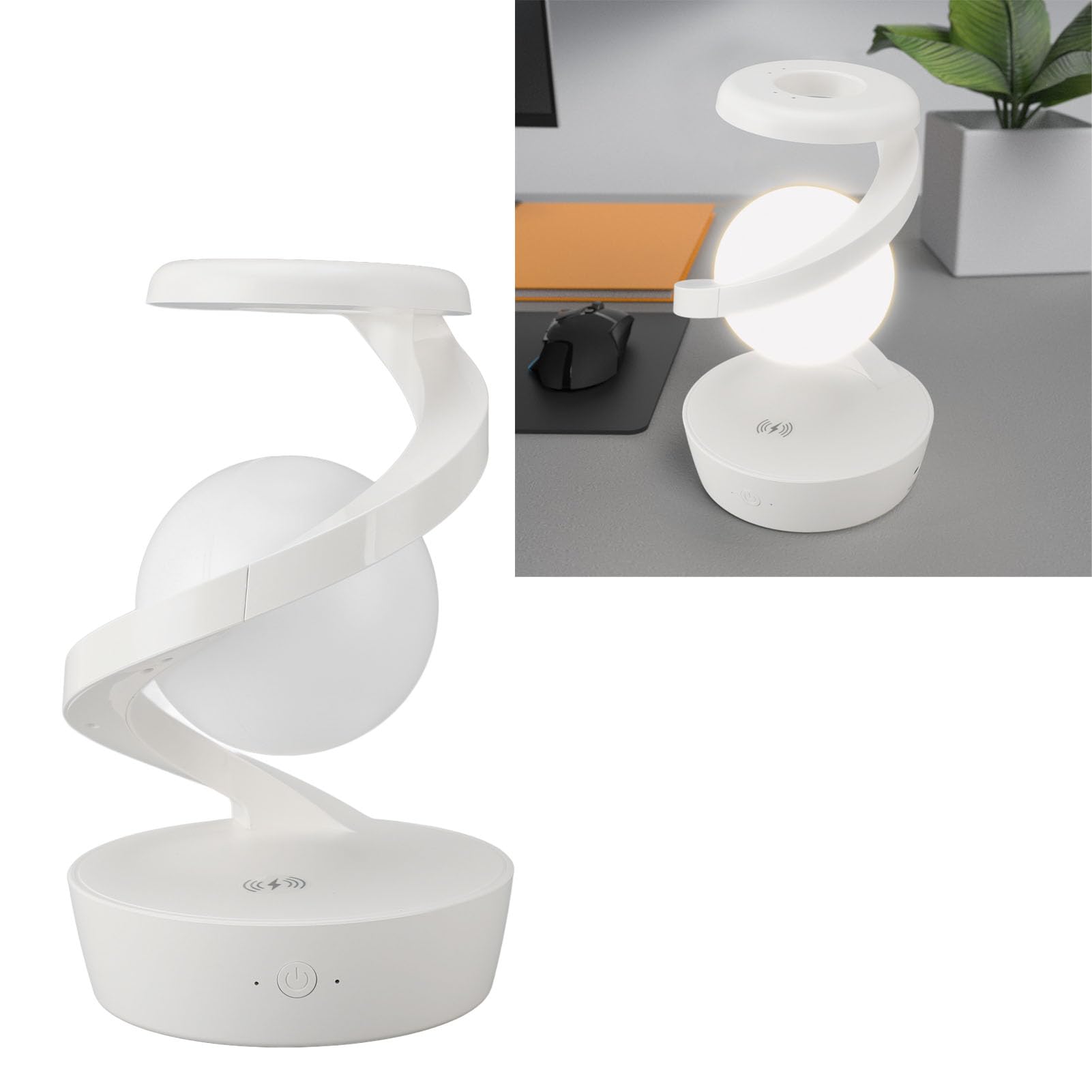 Lampada da comodino moderna a spirale Lampada da tavolo a LED con ricarica wireless innovativa a levitazione visiva 3D per camera da letto, soggiorno, ufficio