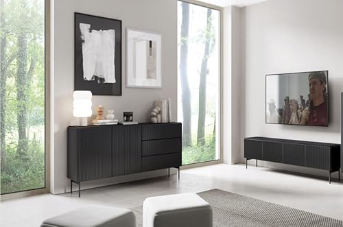 Generisch Muti Möbelset, Wohnzimmerset, Wohnwand Schwarz Matt | 2-teilig mit Kommode und TV-Lowboard | mit geriffelten Fronten & Seiten | Push-to-Open Funktion Generisch Muti Möbelset, Wohnzimmerset, Wohnwand Schwarz Matt | 2-teilig mit Kommode und TV-Lowboard | mit geriffelten Fronten & Seiten | Push-to-Open Funktion