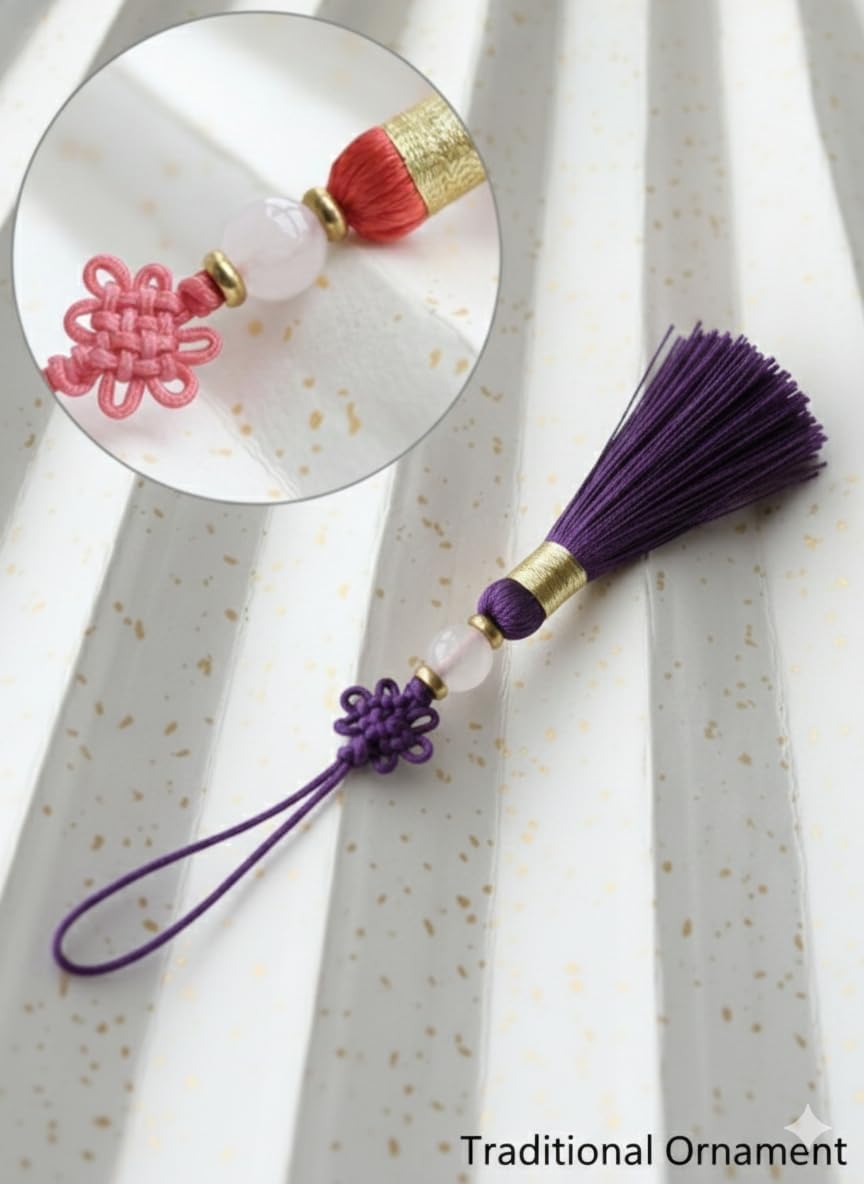 Modern Hanbok Korean Norigae Purple Knot Tassel Ornament Pack of 2 | Handmade cultural charms perfect for bags, keychains, and unique gift packaging. Beautifully crafted traditional accessories.