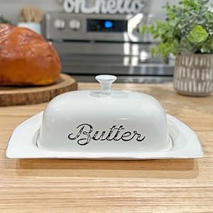 AuldHome Design Farmhouse White Butter Dish, Vintage Style Enamelware Butter Dish w/Cover AuldHome Design Farmhouse White Butter Dish Vintage Style Enamelware Butter Dish wCover