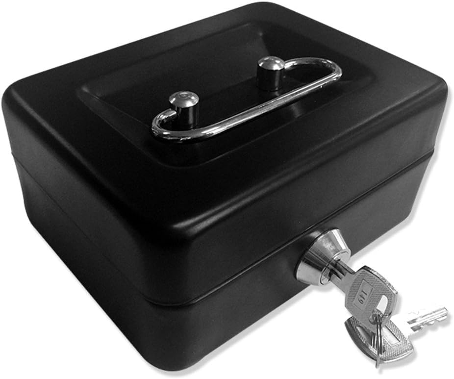 Z&K Metal Cash Box with Key Lock| Stainless Steel Durable Metal Cash Box Money Holder Deposit Safe| Black, Blue, Red Large Deposit Organizer Box with Double Layer & 2 Keys for Security