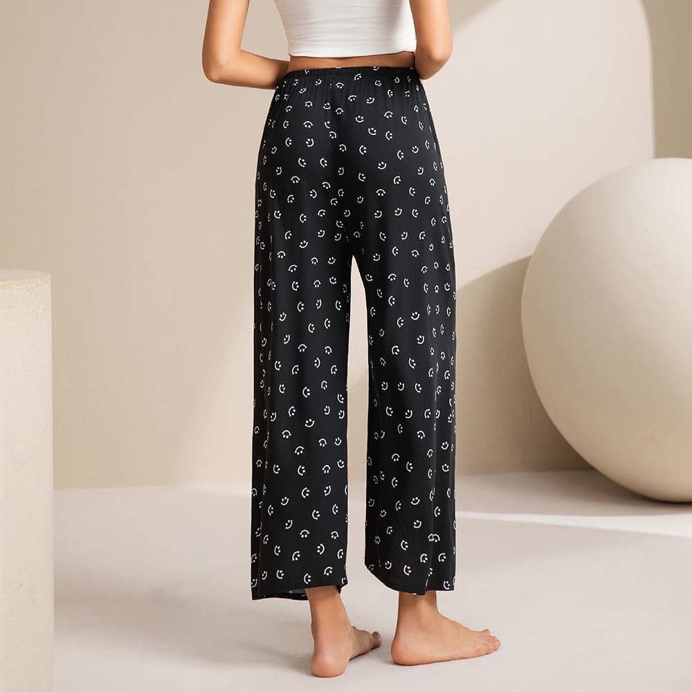 Women's Pajama Bottoms,Comfy Stretch Floral Print Drawstring Palazzo Wide Leg Lounge Pants,2 Pack Women Pajama Pants - Image 5