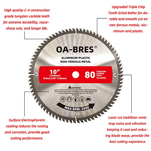 10 Inch 80T Aluminum Non-Ferrous Metal Saw Blade With 5/8-Inch Arbor, Upgrade Tcg Grind #TOP1