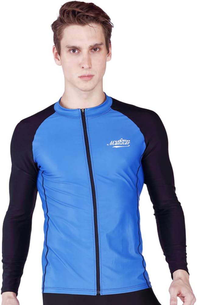 SABOLAYMens Rash Guard Wetsuit Jacket Long Sleeve Full Zipper Neoprene Scuba Diving Surfing Swimming Top Blue XS