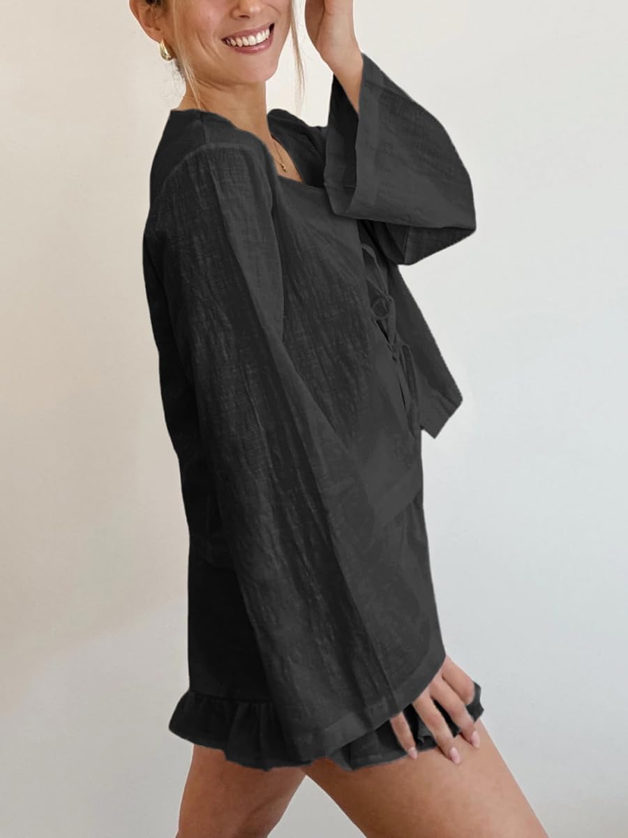 Womens Ruffle Short Sets 2 Piece Outfits Fashion Summer Tie Front Top and Shorts Cotton Pajamas Set - Image 3