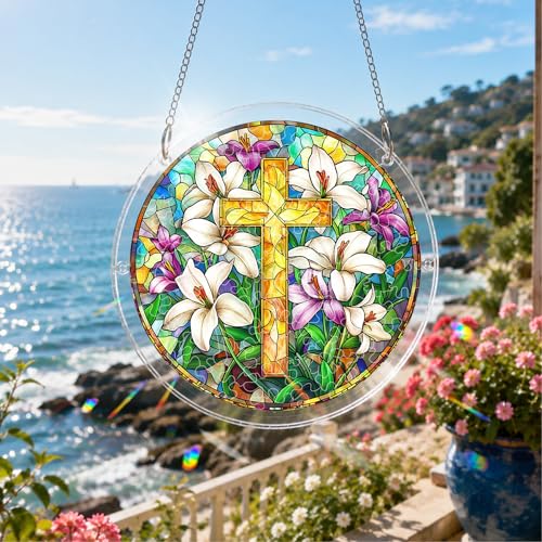 Stained Glass Cross Lily Flower Seaside View Acrylic Puzzle Decor 7.48 INCH