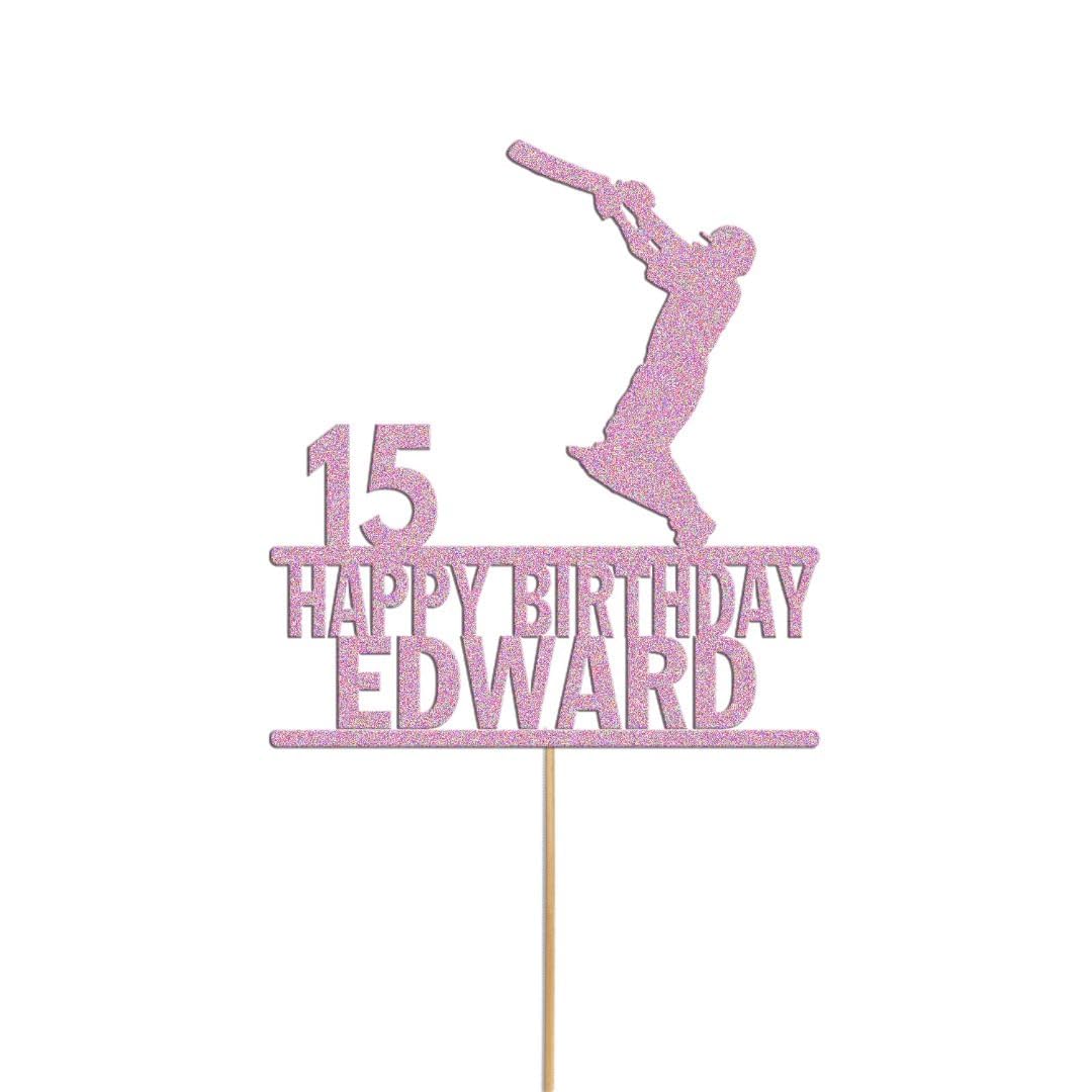 Personalized Cricket Cake Topper with Name and Age | Glitter Birthday Cake Decoration for Cricket Lovers, Custom Name Topper for Kids Birthday Party (Baby Pink)