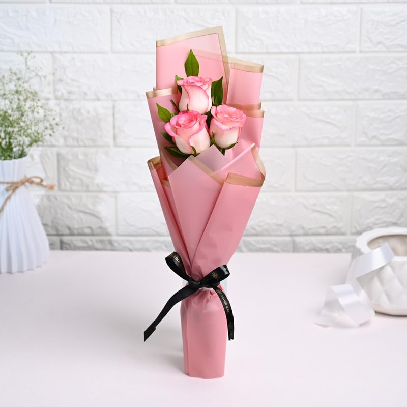 FlowerAura Fresh Live Flower Bouquet of 3 Pink Roses Flowers For