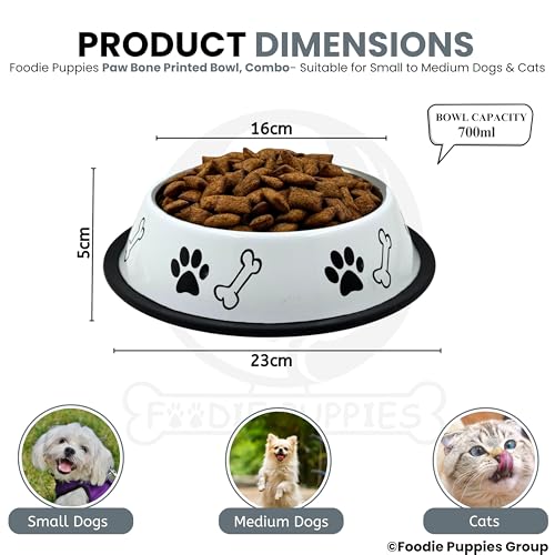 Image of Foodie Puppies Stainless Steel Dog Bowl Combo - (Medium, 700ml) Food and Water Feeding Gift Bowl | Suitable for Dogs, Cats and Other Pets I Paw Bone Print, Anti-Skid Rubber Base (Purple + White)