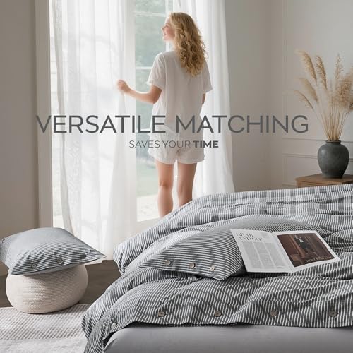 Image of JELLYMONI Cotton Duvet Cover Twin Size - Black Vertical Pinstriped Comforter Cover with Button 100% Washed Cotton 2PCS Breathable Soft Solid Bedding Set Duvet Cover 68x90in & 1 Pillowcase (NO Insert)