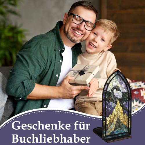 Buchstütze Drache, Fantasy Deko für Bücherregal, Buchstützen Vintage aus Acryl Holz, Geschenke für Buchliebhaber zur Schreibtisch Klassenzimmer Wohnzimmer Schrank Leseecke (Grüne Berge)