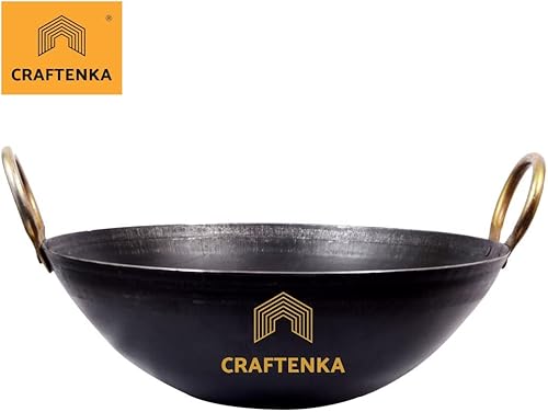 Miniatura 2 de Iron Kadhai - Sartén Kadai de fondo profundo hecho a mano Loha Lokhand con mango dorado 9 pulgadas  91in