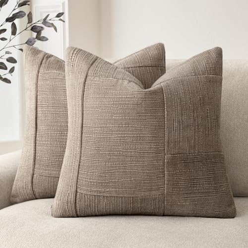 Foindtower Set of 2 Decorative Patchwork Chenille Throw Pillow Covers Textured Modern Vintage Cushion Covers Neutral Boho Accent Home Decor for Sofa Chair Couch Bed Living Room,22×22 Inch,Taupe Gray