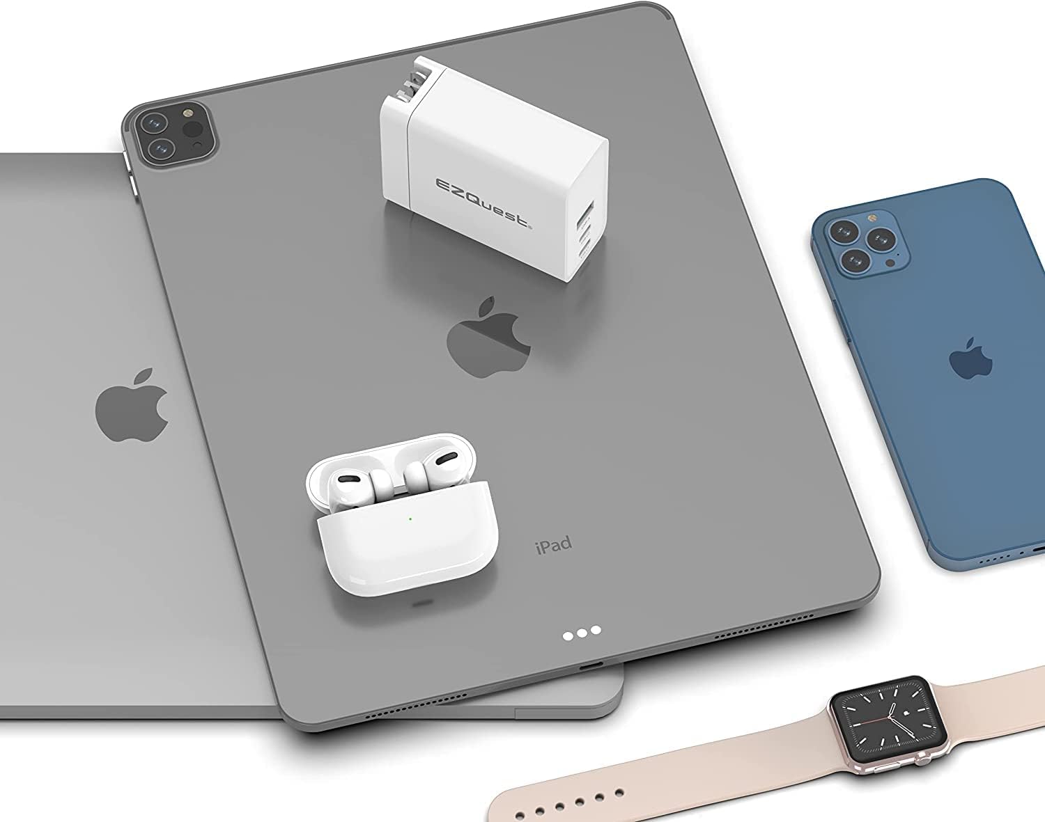 EZQuest 120W USB C Charger - 2X USB-C, 1X USB-A Port, with 2 Meter Cable Fast Charging Block or GAN Charger - EU Converter Compatible for MacBook Pro, iPad Pro & Other Type C Devices