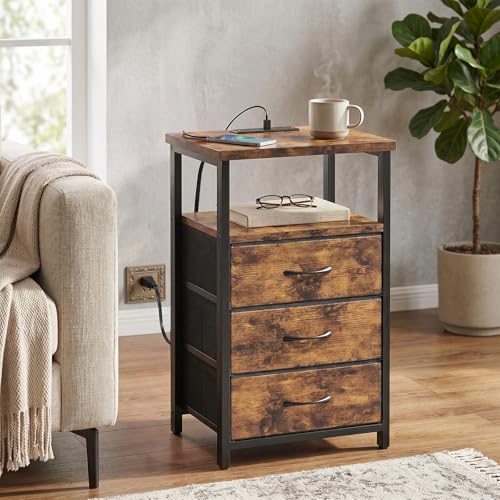 Image of Fixwal Night Stand with 3 Fabric Drawers, Nightstand for Bedroom, Bedside Table with Charging Station End Table with Storage, Rustic Brown