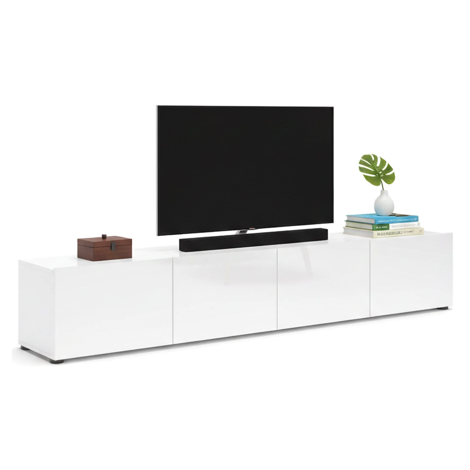 Dmora - Mobile porta TV Randfontein, Credenza da soggiorno, Armadio basso per TV, Base parete attrezzata, Made in Italy, 225x38h39 cm, Bianco lucido