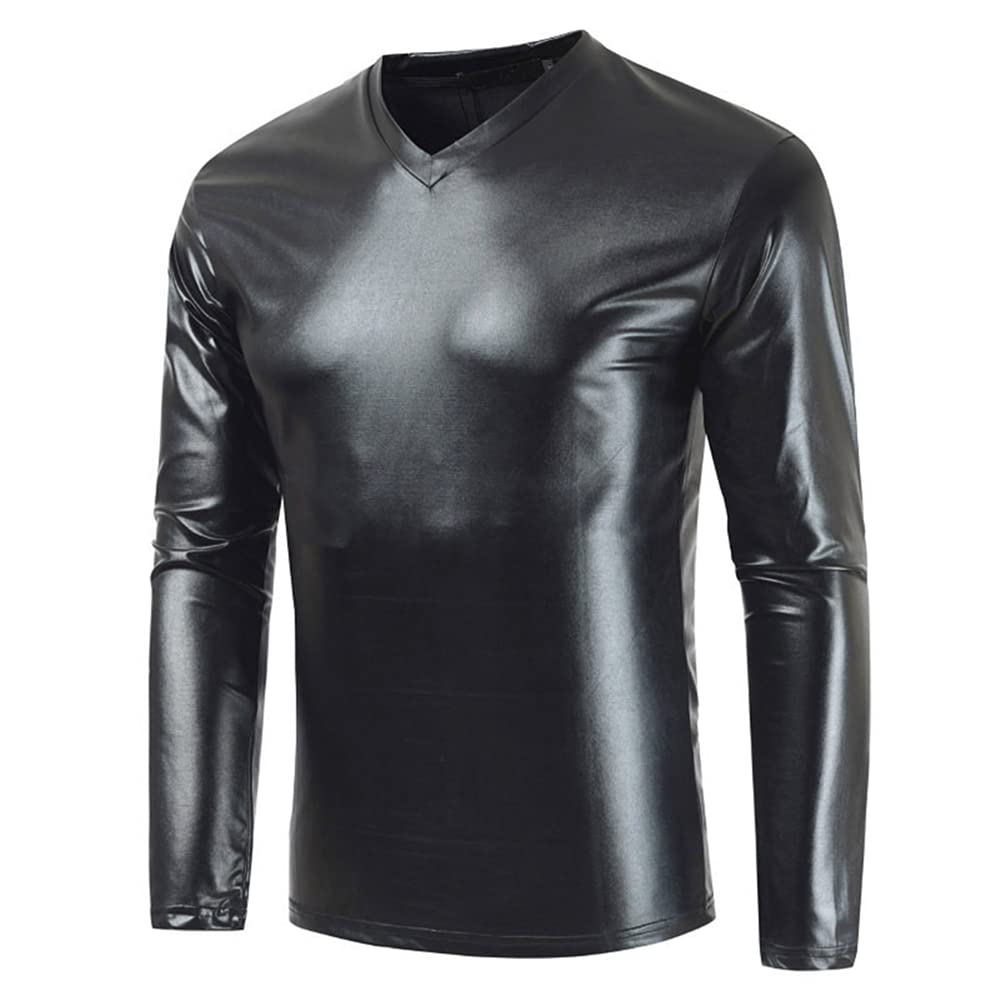 Men's Long Sleeve T-Shirt Blouse Shiny Costume V Neck Tunic Top Slim Fit Basic Plus Size Pullover Sweatshirt Shiny Shiny Leather T Shirt Slim Fit V Neck Long Sleeve Top Night Club Party Show Clothing - M - c-black