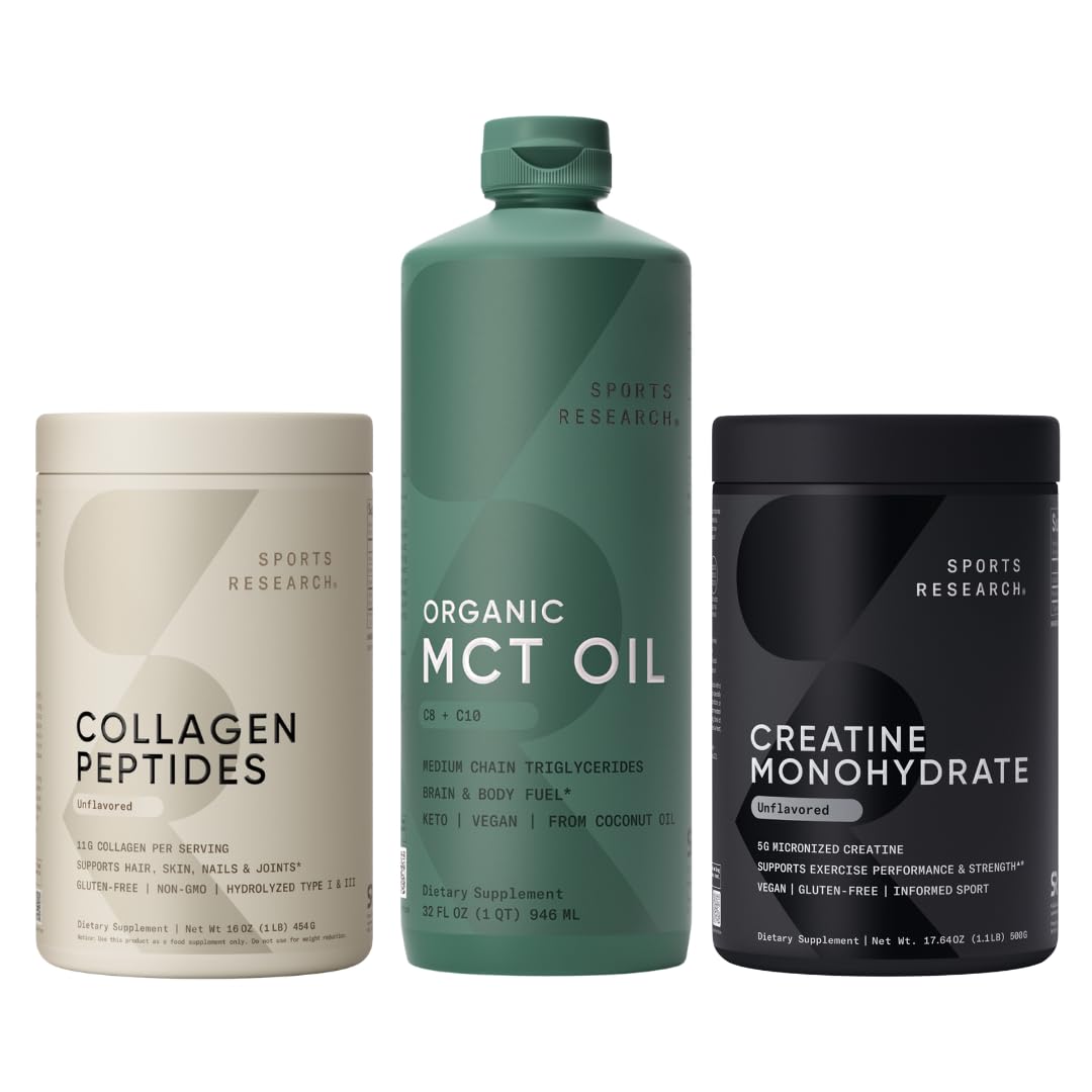 Sports Research Supplements Pack - Organic MCT Oil C8 C10 32 oz Hydrolyzed Type 1 3 Collagen Powder