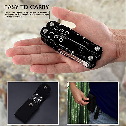 HRB 14 in1 Multitool Pliers with Safe Lock, Multi-tool with Sheath Zoom Flashlight, Folding Multi Tool Pocket Knife Cutter Opener Screwdriver Saw Multitools for Outdoor Survival Camping Hunting Hiking - Thumbnail 2