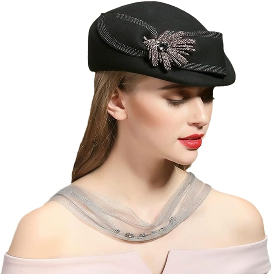 女性の帽子カクテルキャップファッションダイヤモンドベレー帽レディパーティーウールフェルトFedora帽子クローシェ帽子54-58cm