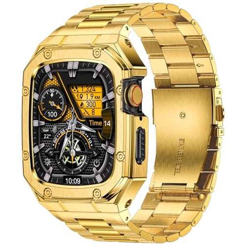 Image of BAITEYOU Stainless Steel Watch Band with Case Compatible with Apple Watch Series SE 3 2 1 /6 5 4 (44mm), Series 3 2 1 (42mm), Metal Protective Bumper Rugged Cover for iWatch Bands Men (Gold)