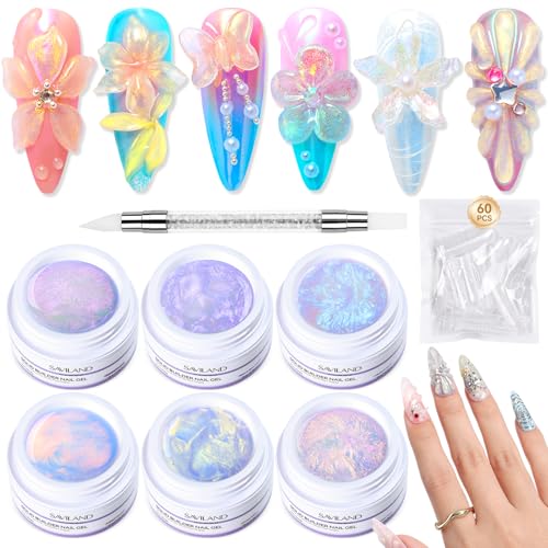 Image of SAVILAND Advanced Non-Sticky Solid Builder Nail Kit: 6PCS Aurora Colors 30 Days Long-Wear Sculpting Gel for Nails Art 4 in 1 3D Gel Nail Art with Castor Oil Salon Use