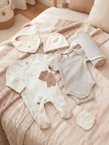 Image of 6 Pcs Clothing Gift Set with Box, 100% Cotton Soft & Breathable 6-Piece Layette Set with Bodysuit, Romper, Bib, Cap, Mittens & Swaddle, 0-12 Months, All-Season Wear
