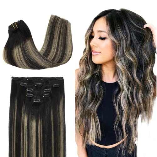 Image of DOORES Human Hair Extensions Clip in, 85g 5pcs 22 Inch Natural Black to Light Blonde Balayage Clip in Hair Extensions Natural Hair Straight