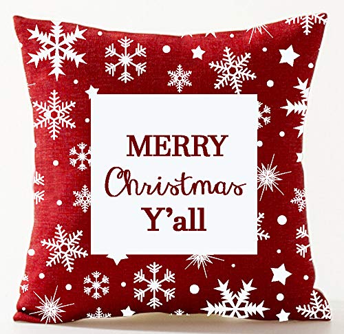 Andreannie Happy Holiday Merry Christmas Y'all in Red Gifts Snowflake Cotton Linen Throw Pillow Case Cushion Cover Sofa Car Home Office Decorative Square 18 X 18 Inches