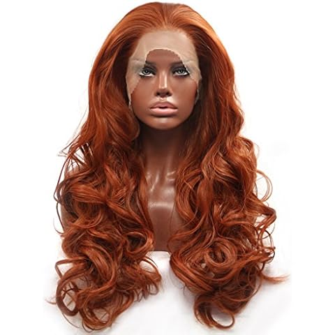 BESTUNG Mode Glueless Kupfer Rot 24"Lange Natürliche Wellenförmige Freie Teil Lace Front Perücken Hitzebeständige Kunsthaarperücke Cover