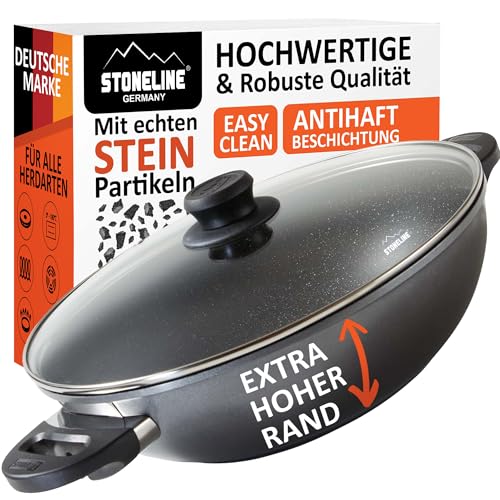 Stoneline Wok 32 cm, mit Deckel, Aluguss, Wok Pfanne beschichtet mit echten Steinpartikeln, grau, ohne Fett oder Öl kochen und braten, großer Wok Induktion Stoneline Wok 32 cm, mit Deckel, Aluguss, Wok Pfanne beschichtet mit echten Steinpartikeln, grau, ohne Fett oder Öl kochen und braten, großer Wok Induktion