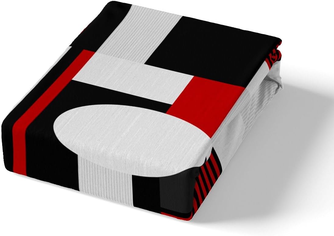 Feelyou Geometric Fitted Sheet Full Size Kids Red White Black Bedding Set for Boys Girls Teens Rectangle Square Bed Sheet Set Modern Abstract Art Bed Cover Deep Pocket Room Decor - Image 5
