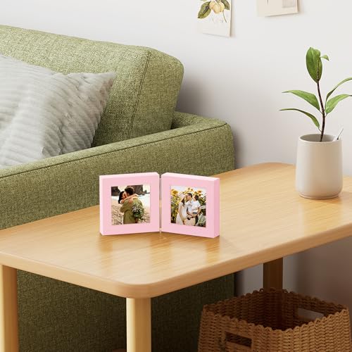 decorUhome Double 4x4 Picture Frame Vertical, Engineered Wood Bifold Photo Frame with Plexiglass for Tabletop Display, 4x4, Pink