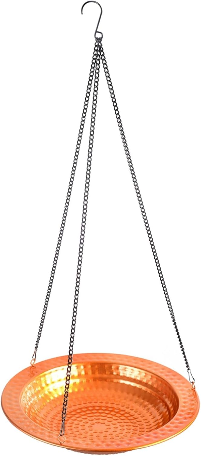 Handcrafted Metal Bird Bath, Hanging for Outdoors with Hook and Chain, 24 Inch (61.0 Cm) Height, 11.8 Inch (30.0 Cm) Diameter, Patios and Gardens Ideal