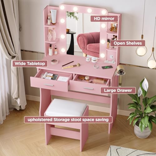 Image of Vabches Vanity Desk with Lights,Makeup Vanity with Power Strip,Dressing Table Set with 2 Large Drawers,Vanity Mirror 3 Lighting Color Adjustable,Pink