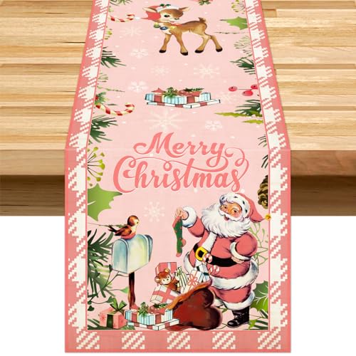 Vintage Christmas Table Decorations Pink Santa Claus Table Runner 72 Inches for Winter Holiday Christmas Table Decorations