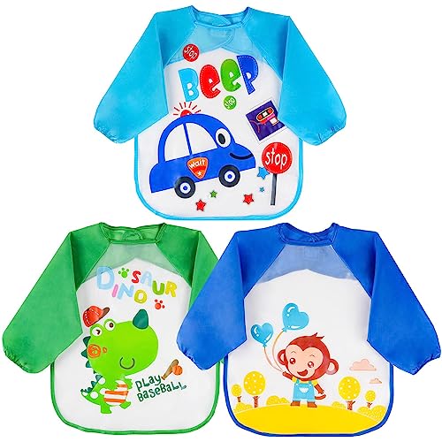 Vicloon Baberos del Bebé Impermeable, 3pcs Baberos Bebe Recien Nacido,Babero con Mangas Impermeable Infantil para Pintar con Mangas Largas de Bebé,Baberos de Alimentación para Bebés