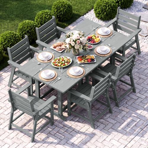 Image of 8 Piece Patio Dining Set, HDPE All-Weather Furniture with 6 Chairs & 2 Square Table, for Backyard, Garden, Gray